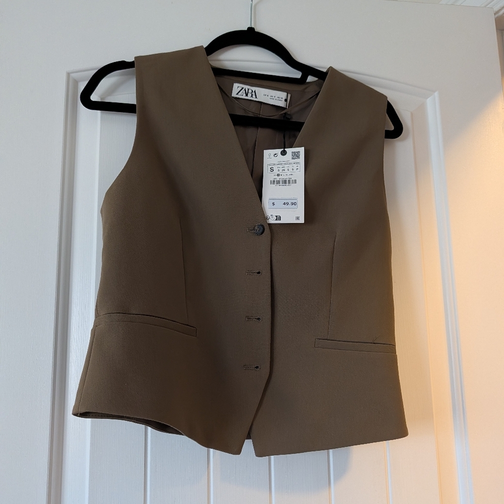 Zara Olive-Taupe Sleeveless Vest - Women's Tailored Waistcoat